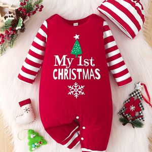 Baby en Peuter Jongens & Meisjes Lente/Herfst Lange Mouw Letter Print Kerst Bodysuit met Hoed Twee-Delige Set, Ideaal voor Buiten