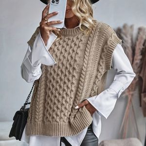 Vrouwen Casual Kabeltrui - Mouwloze Vest met Ronde Hals en Open Voorkant, Medium Stretch, Essentieel voor Lagenkleding in de Lente Zomer Herfst, Geschikt bij Jeans & Rokken, Handwas Aanbevolen