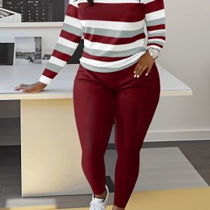 Slanke Matchende Twee-delige Set, Casual Lange Mouw Ronde Hals Gestreepte Kleurblok T-shirt & Elastische Taille Broek Outfits, Dameskleding