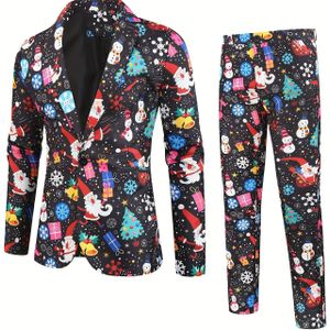 2 stuks Kerstman Print Pak Set - Winterfeest & Vakantie Outfit met Kraag Blazer & Bijpassende Broek, Wasmachinebestendig 2- Kostuum voor Kerstfeesten, Oudejaarsavond (Rood/Groen/Wit)