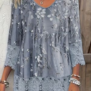 Elegante bloemenprint top voor dames met kant afwerking, halsband, gebreide stof, lichte stretch, 100% polyester, lichtgewicht 170g/m² voor lente/zomer/herfst