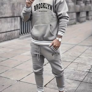 2-delige Heren Trendy BROOKLYN Briefprint Outfit Met Capuchon, Hoodie En Broekset, Herenkleding Voor Lente Herfst Winter, Als Geschenk