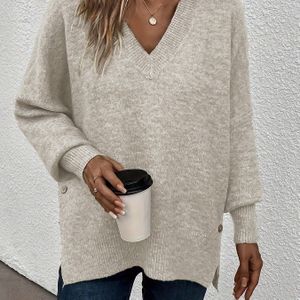 Vrouwen Elegante V-hals gebreide trui, 100% polyester, kleur, herfst/winter mode, 300g/m² gebreide stof, gezellige pullover top.