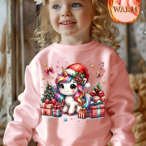 Gezellige Meisjes Fleece-Gevoerde Kerst Eenhoorn Sweatshirt - Schattige Feestdagen Print met Kerstmuts & Geschenken, Casual Lange Mouwen Pullover voor Herfst/Winter