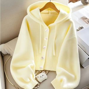 Dames Casual Geel Capuchon Trui Jas - Knopen Voor, Lange Mouw, Losse Pasvorm, Zachte Polyester Cardigan voor Herfst/Winter