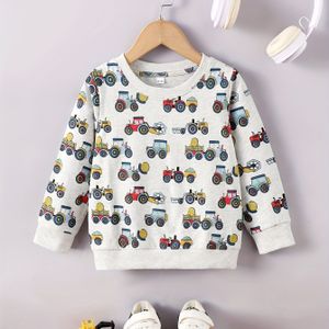 Jongens 100% Katoen Truck & Tractor Print Sweatshirt - Lange Mouwen Casual Losse Pasvorm Trui met Voertuigpatronen (Trucks, Graafmachines, Dumpers) voor Lente/Herfst Speelkleding