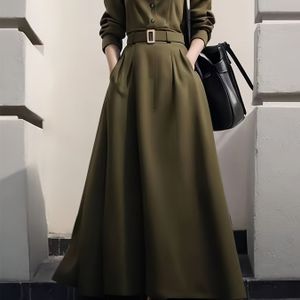 1pc Elegante Polyester Lange Mouw Jurk voor Vrouwen - Kleur Fit en Flare met Cardigan Kraag, Knopen Details en Riem - Veelzijdige Stijl voor alle Seizoenen