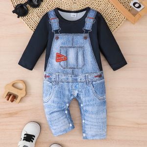 Baby Jongen & Meisje Pasgeboren Eerste Peuter Leuke Mode Casual Imitatie Denim Print Lange Mouw Romper Jumpsuit met Zakken, Perfect voor Buiten