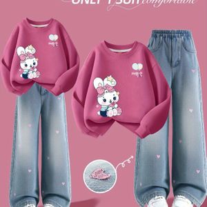 MARCOLOR Meisjes Mode Set, 10-12 Jaar Herfst Casual Ronde Hals Trui + Wijdpoten Jeans Volledig Koreaanse Stijl Outfit, Perfect voor