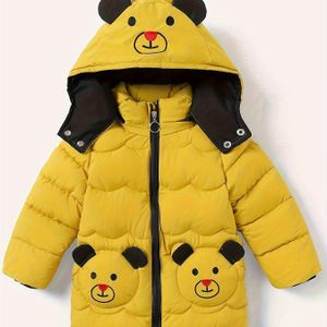 Knappe Knuffelbeer Patched Hooded Quilted Jack, Warm Zip Up Coat, Boy's Kleding Voor Winter Outdoor, Als Geschenk, Dik