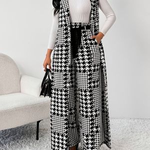 Stijlvolle elegante broekpak voor dames - Chic top met lange mouwen en riem, zwart-wit hondenhakkenpatroon, wijde broek, perfect voor lente/herfst, casual kleding|Hondenhakken top|Wijde broek