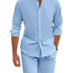 Zomerse Heren Linnen Ademend Casual Hawaiiaans Minimalistische Lange Mouwen Shirt en Shorts Set