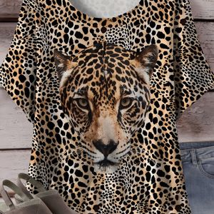 Plus Size - Dames Plus Size Luipaard Print T-Shirt - Casual Crew Neck, Korte Mouw, Stretchy Polyester Blend, Zwart & Dieren Print, Comfortabel & Stijlvol voor Casual Attire, Luipaard Print Blouse