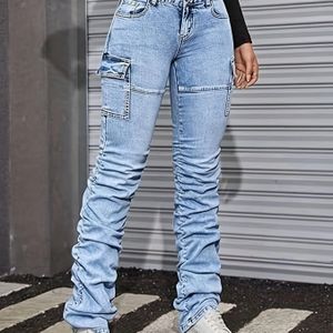 Dames Hoge Taille Cargo Jeans, Trendy Lichtgewassen Denim Broeken met Meerdere Zakken, Rekbare Street Style Modieuze Klokbroeken voor Lente/Herfst