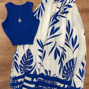 2-delige set Zomerse Casual Vakantie Tropische Print Halflange Rok en Mouwloze Top M11 voor Vrouwen