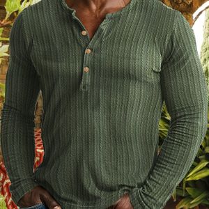 Men's Casual Solid Color Ribbed Knit Long Sleeve Shirt - Stretch Round Neck Half-button Top For Spring/fall, Versatile Everyday & Commuting Wear, Textured Fabric