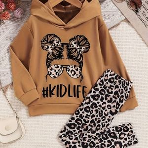 Meisjes Mode Casual Sportset, Hoodie met Cartoon Print Lange Mouwen en Luipaardprint Leggings Tweedelige Set, Perfect voor Buiten