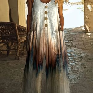 Europees en Amerikaans Mode Elegante Mouwloze Vestzak Knoppen Verloopkleur Jumpsuit