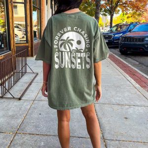 Zonsondergang Print Ronde Hals T-shirt Jurk, Casual Korte Mouw Jurk Voor Lente & Zomer, Dameskleding