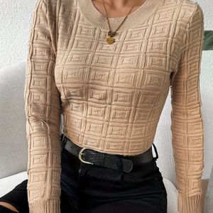 Vrouwen Elegante Slim Fit Lange Mouw Ronde Hals Pullover - Kleur Geribbelde Detail Top voor Lente & Herfst, Alleen Handwas