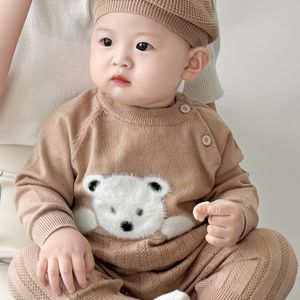 Schattige Beerontwerp Romper - Zacht Rekbare Gebreide Lange Mouwen Outfit met Drukknoopsluiting, Unisex Neutrale Kleur Warme Speelkleding voor 0-2 Jaar, Lente & Herfst Kleding