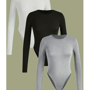 3 stuks Dames Slim Fit Bodysuits - Comfortabel & Stijlvol Lange Mouw, Ronde Hals, Kleur Tops in Wit, Zwart & Grijs - Casual Fashion