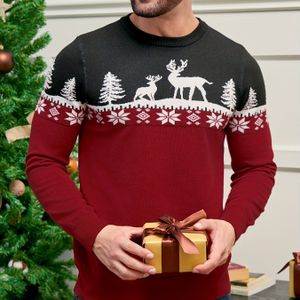 Heren Kersttrui Rood/Wit/Marineblauw - Vest-achtige Lange Mouwen Pullover met Rendier & Dennentakken , H-Fit Winterfeest Outfit, Wasmachinebestendige Feesttrui voor Kerstmis (Geen Riem/Stropdas)