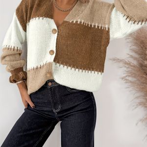 Dames Elegante Kabel-Cardigan Trui - Beige//Wit/Zwart/Tan Kleurblok Jas met Knoopsluiting, Zachte Winterjas voor Feesten & Dagelijks Gebruik, Wasmachinebestendige Blazer
