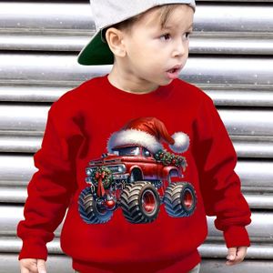Gezellige Jongens' Fleece-Gevoerde Kerst Sweatshirt met Kerstmuts Vrachtwagen Ontwerp - Casual Lange Mouwen Pullover, Perfect voor Herfst/Winter, Polyester, Zwart