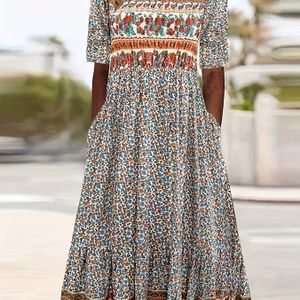 Grote Maten Boho-jurk, Dames Plus Paisley Bloemenprint Korte Mouw Ronde Hals Medium Stretch Geplooide Jurk