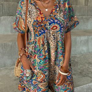 Boheemse bloemenprint damesromper - V-hals, korte mouw, A-lijn jumpsuit met zakken, lichtgewicht polyester voor lente/zomer, schattige zomerse kleding