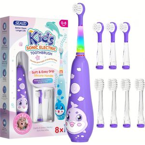 Elektrische Tandenborstel | Cartoon Vorm, LED Licht, Zachte Borstelharen, Magnetisch Opladen, 8 Vervangende Borstelkoppen, USB Aangedreven, voor Leeftijd 0-6 Jaar