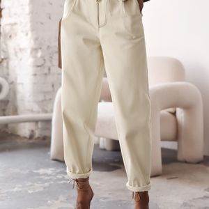 Women's High-waisted Beige Wide-leg Pants With Drawstring Waist - Casual Loose Fit, Button Detail, , Casual Attire, High Waisted Pants
