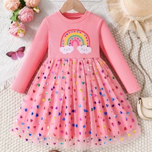 Meisjes Roze Hart & Regenboog Print Tule Rokjurk - Comfortabele Herfst Winter Casual Outfit met Stippenprint, Regular Fit voor Speeltijd en Speciale Gelegenheden