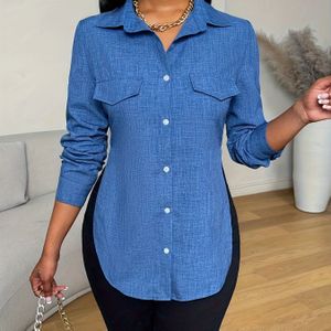 Dames Elegante Blauwe Denim-Stijl Casual Overhemd - Polyester, Knoopsluiting met Omgeslagen Kraag en Borstzakken, Machinewasbaar, Perfect voor Lente/Zomer