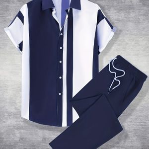 2-delige heren zomer korte mouw overhemd & broek set - Lichtgekleurde & gestreepte casual zomer outfit, niet-rekbare stof, regular fit, geometrisch