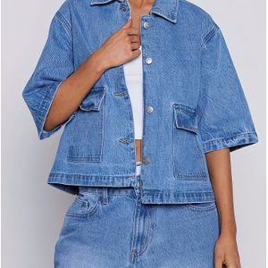 Vintage denim vest met driekwart mouwen, korte stijl #Simple en veelzijdig voor de lente en zomer