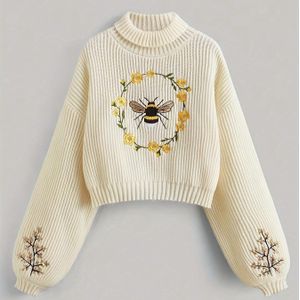 Ribflaneltrui met hoge hals voor dames | Lange mouwen, geborduurd dierenpatroon, casual stijl voor lente/herfst