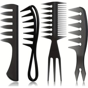 4-delige Haarkam Stylingset Dubbelzijdige Staartkam met Prik Kapper Brede Tanden Mannen Vrouwen Baard Haarstylist, Afro-Amerikaanse Accessoires, Zwart, 4 Stijlen