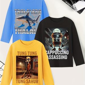 3 stuks Jongens' Lente/Herfst Trendy Cartoon Print Zachte Comfortabele Lange Mouwen Tops Veelzijdige Casual Outfits