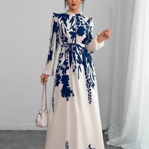 1pc Elegante Bloemenprint Lange Mouw A-lijn Jurk voor Dames met Vetersluiting, Staande Kraag, Geweven Polyester - Veelzijdig voor Lente/Zomer/Herfst