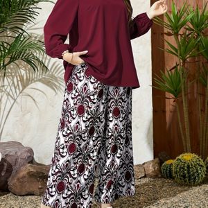 Grafische print tweedelige set in grote maten, V-hals top met lange mouwen & broekoutfits, kleding in grote maten voor vrouwen
