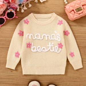 Handgebreide trui met lange mouwen voor babymeisjes, met letters en bloemmotieven voor de lente en herfst.