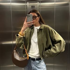 Casual Dames Jas van Kunstleder met Metalen Knopen, Lange Mouwen en Zakken voor Lente en Herfst