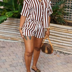 JH5963 Europese en Amerikaanse Dames Zomer Gestreepte Print Losse Shirt Tweedelige Set