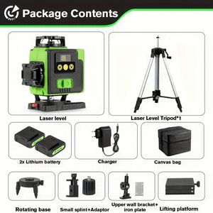 1 Set 16 Lijnen 4D Laserwaterpas | 360 Automatische Nivellering, 4x360° Groene Kruislijn Tool voor Constructie en Foto's Ophangen, Roestvrij Staal, Dubbele Voedingsmodus, ONEVAN Merk