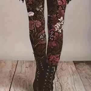 Dames Elegante Bloemenprint Leggings - & Zwarte Strakke Broek met Wit/Roze/Groen Botanisch , All-Seizoen Machinewasbare Broek voor Jeans/R Jurken/Couture (Niet, Rekbaar)