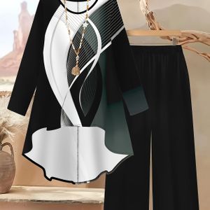 Plus Size, Elegante Damesmode Set met Boogprint en Ronde Hals Lange Mouwen