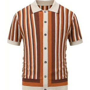 Gestreept Brei-Shirt voor Heren - Zomerse Korte Mouw Ademend Zakelijk Casual & Vakantie Outfit, Regular Fit H-Maat met Contrasterende Streepdesign, Wasmachinebestendig, Medium Elastisch Stof