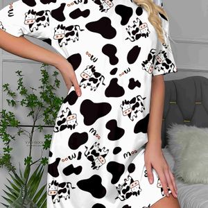 Dames Schattige Cartoon Koe Print Korte Mouw Slaapjurk, Polyester Elastane , Ronde Hals, Gebreid , 160g/㎡, Alle Seizoenen